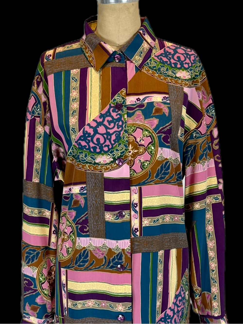 VINTAGE 80s funky bold artsy abstract button down shirt blouse multicolor bright